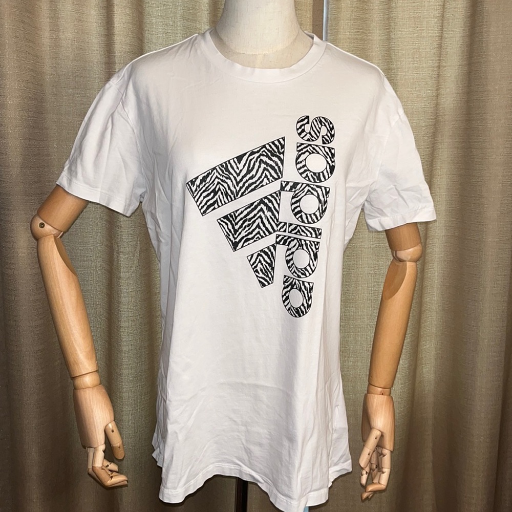 Adidas Zebra Print Black and White Logo Short Sleeve Shirt Womens Large